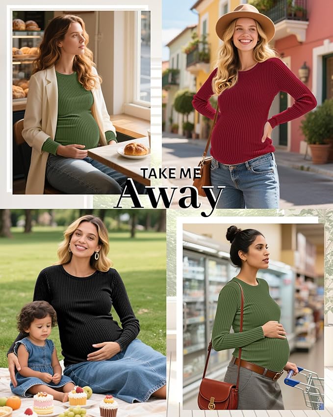 Riyiper 3 Pack Women's Maternity Shirts Long Sleeve Ribbed Knit Pregnancy Tees - Image 5