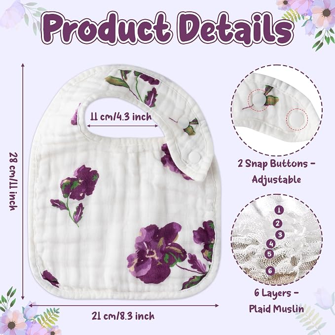 Zainpe 6Pcs Snap Muslin Cotton Baby Bibs Flower Pattern Infants Drooling Bib - Image 2