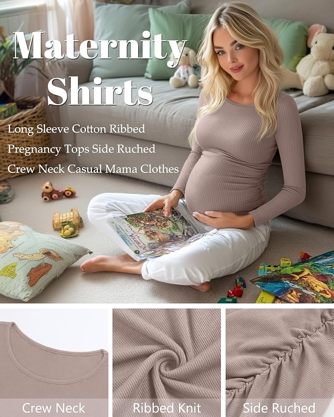 Huukeay 4 Pack Women's Maternity Shirts, Long Sleeve Cotton Ribbed Pregnancy - Image 5
