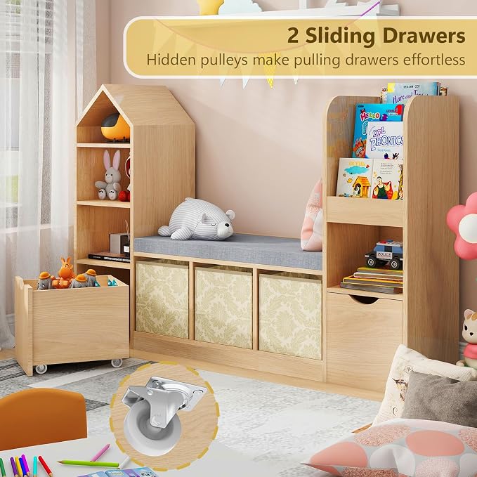 Vabches Kids Bookcase with Reading Nook, Oak Bookshelf with 7 Storage Cubbies & - Image 4
