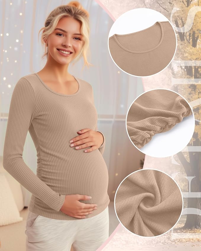 Riyiper 4 Pack Women's Maternity Shirts, Long Sleeve Cotton Ribbed Pregnancy - Image 5