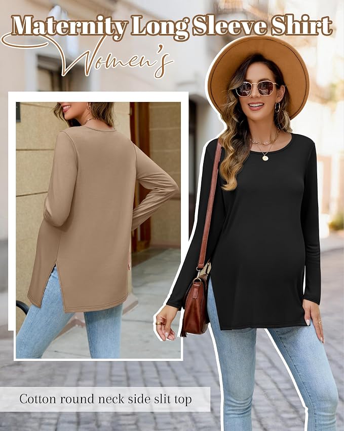 Riyiper 3 Pack Women's Maternity Long Sleeve T-Shirts Round Neck Side Split - Image 5