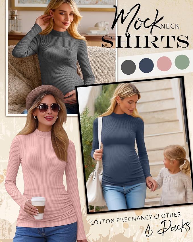 4 Packs Womens Maternity Shirts Long Sleeve Cotton Ribbed Pregnancy Mock Neck - Image 3
