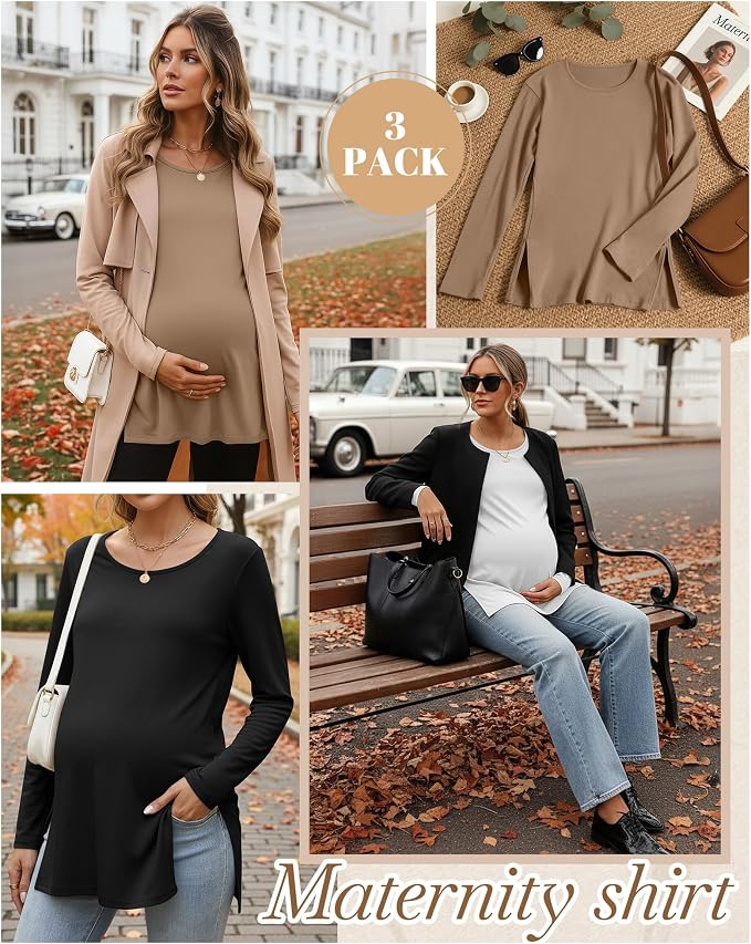 Riyiper 3 Pack Women's Maternity Long Sleeve T-Shirts Round Neck Side Split - Image 4