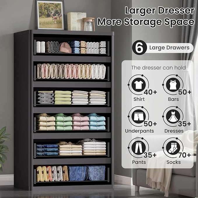 Black 56" Tall Dresser for Bedroom, Fluted Modern 6 Drawers Deep Dressers - Image 3
