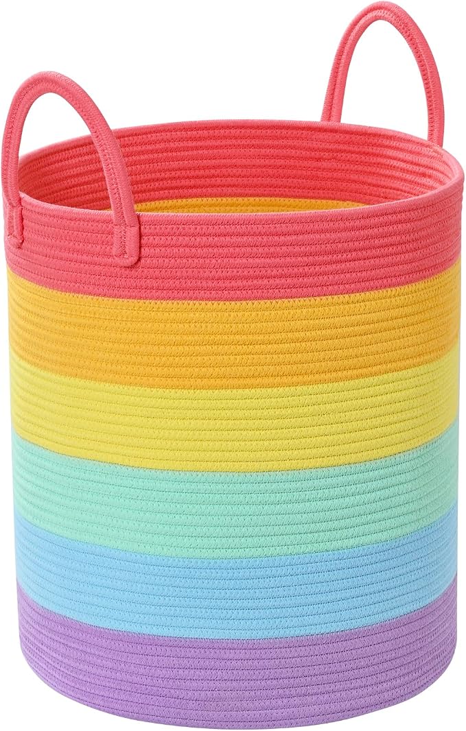 52L Rainbow Storage Basket for Organizing, Cotton Rope Woven Blanket Basket - Image 9