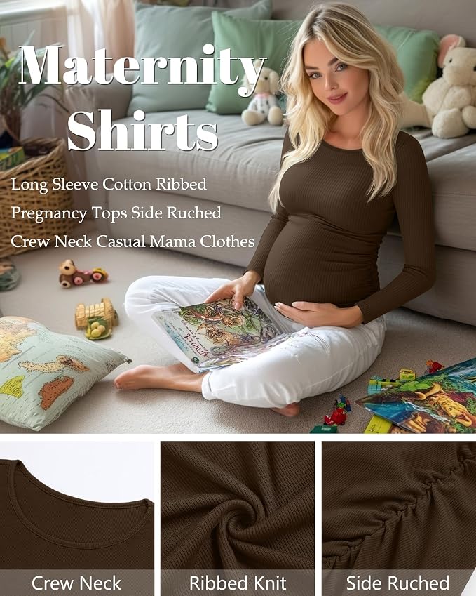 Huukeay 4 Pack Women's Maternity Shirts, Long Sleeve Cotton Ribbed Pregnancy - Image 5