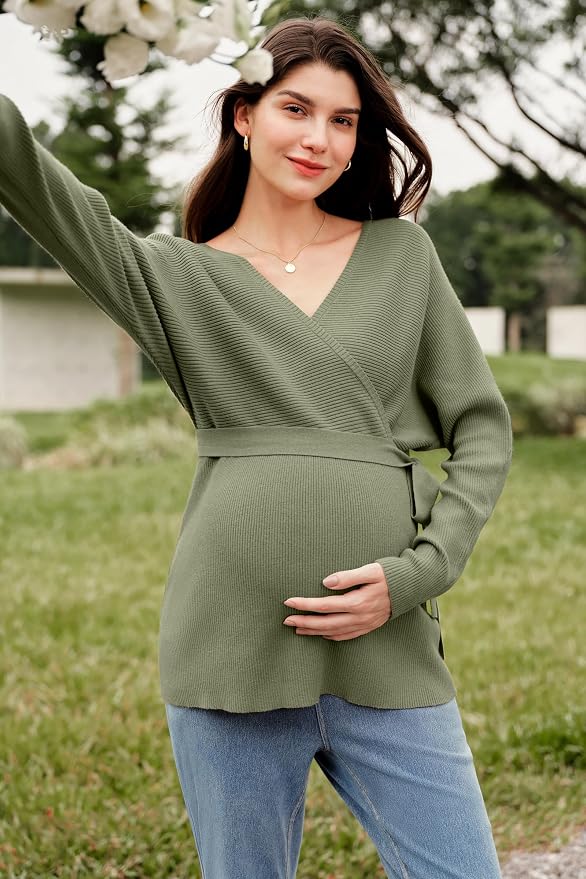 OUGES Womens Soft Cotton Blend Maternity Sweater Wrap V Neck Long Sleeve V Back - Image 4