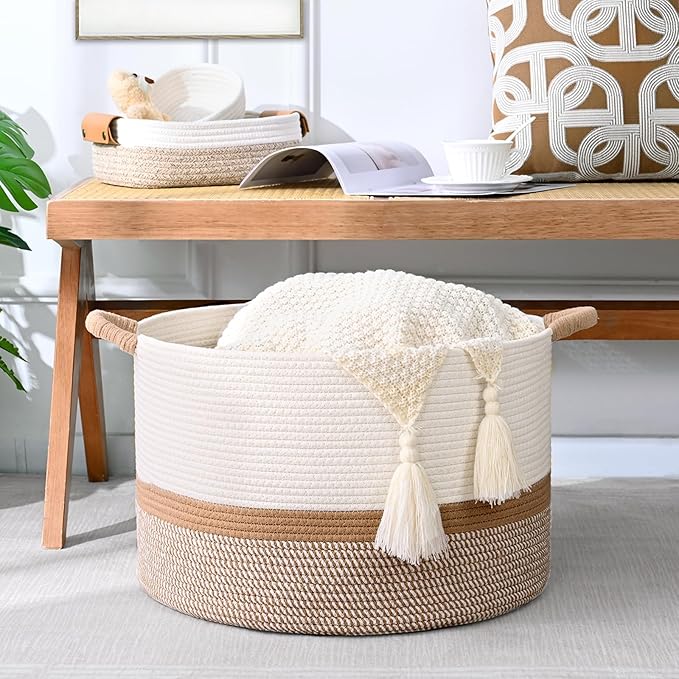 67L Large Blanket Basket, Cotton Rope Blanket Basket Living Room, Baby Laundry - Image 4