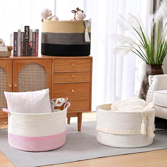 67L Large Blanket Basket, Cotton Rope Blanket Basket Living Room, Baby Laundry - Image 6