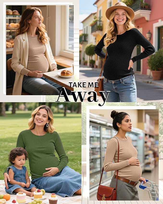Riyiper 3 Pack Women's Maternity Shirts Long Sleeve Ribbed Knit Pregnancy Tees - Image 5