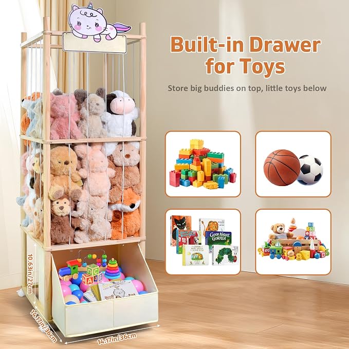 Stuffed Animal Storage with Tiny Toys Tray, Wood Stuffed Animal Zoo Storage - Image 8