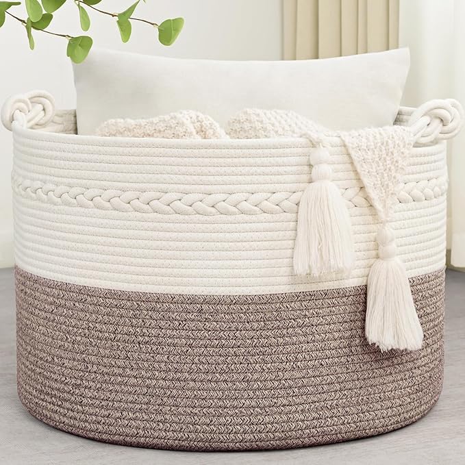 67L Large Blanket Basket, Cotton Rope Blanket Basket Living Room, Baby Laundry by Degeyoyo