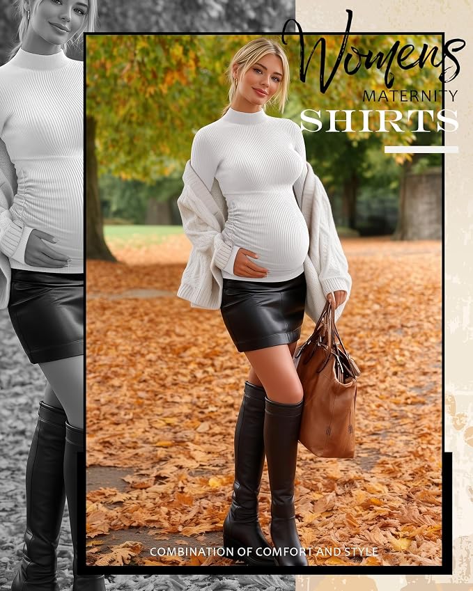 4 Packs Womens Maternity Shirts Long Sleeve Cotton Ribbed Pregnancy Mock Neck - Image 2