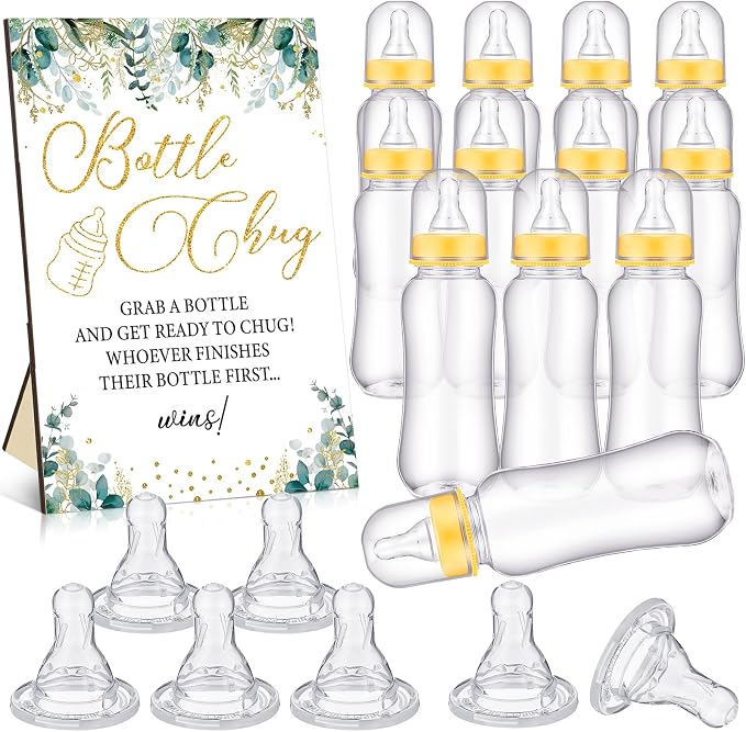 TrelaCo Greenery Cool Baby Shower Games Bottle Chug Sign Wooden Neutral by TrelaCo