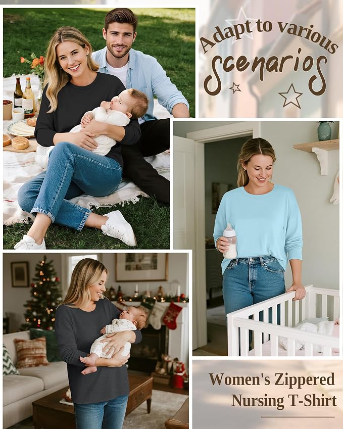 3 Pack Women's Nursing Breastfeeding Tops, Long Sleeve Maternity Shirts - Image 2