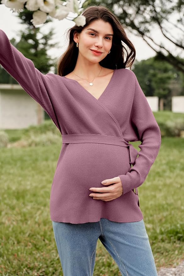 OUGES Womens Soft Cotton Blend Maternity Sweater Wrap V Neck Long Sleeve V Back - Image 4