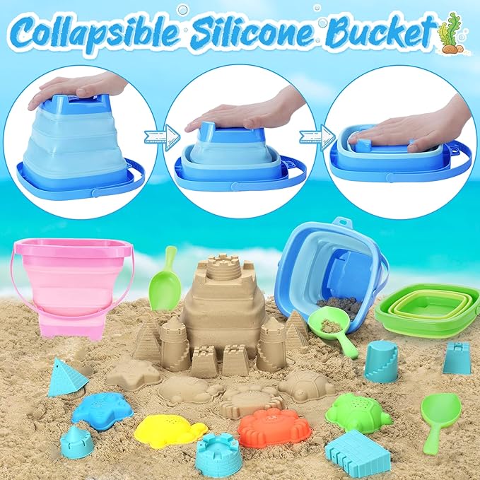 Collapsible Beach Toys for Kids, 3 Pack Foldable Sand Buckets and Shovels Set - Image 2