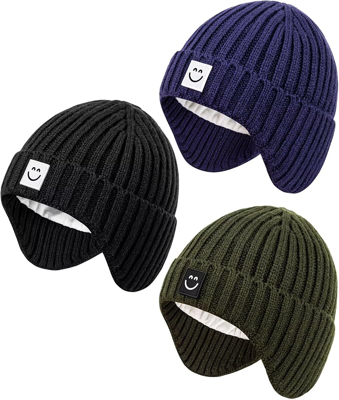 3 Pack Baby Beanie Hats with Earflaps, 2 Size Baby Winter Hat by Alepo