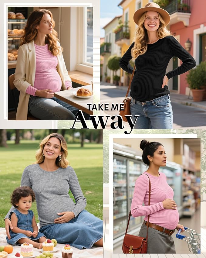 Riyiper 3 Pack Women's Maternity Shirts Long Sleeve Ribbed Knit Pregnancy Tees - Image 5