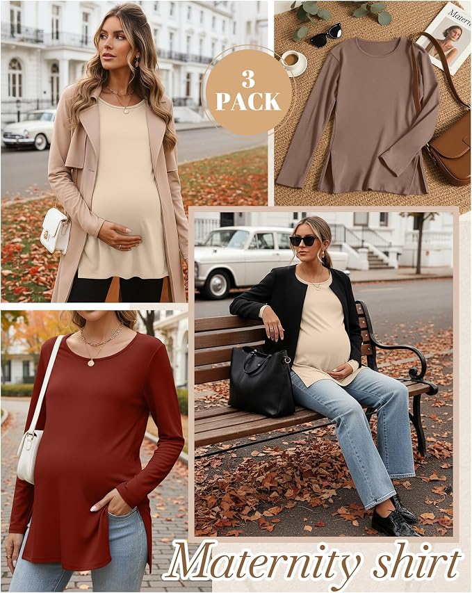 Riyiper 3 Pack Women's Maternity Long Sleeve T-Shirts Round Neck Side Split - Image 4