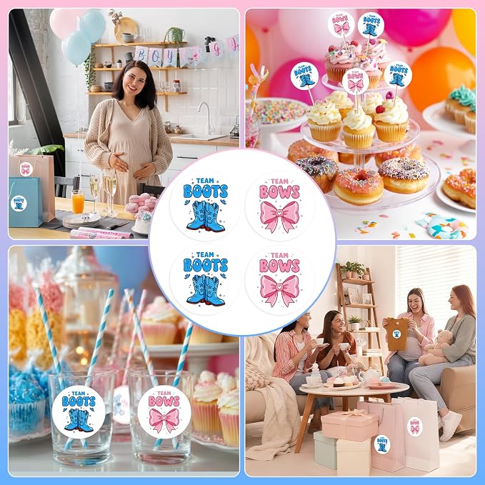 80Pcs Funny Boot and Bow Gender Reveal Stickers Roll, 2 inch Team Boy Team Girl - Image 6
