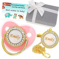 Personalized Pacifier with Name, Bling Gold Pacifier Clip Set with Gift Box by Munchewy
