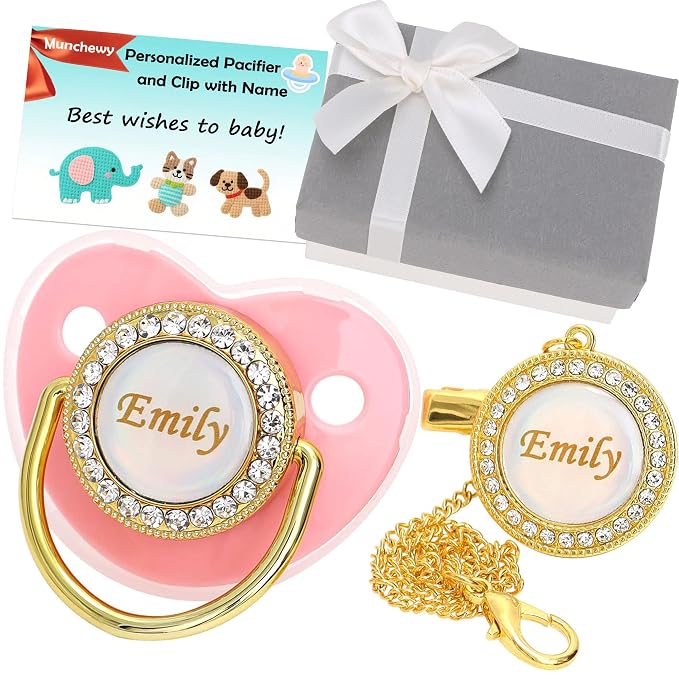 Personalized Pacifier with Name, Bling Gold Pacifier Clip Set with Gift Box by Munchewy