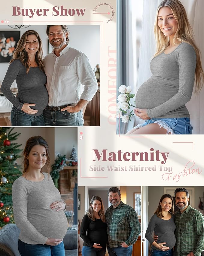 Ficerd 3 Pack Women's Maternity Shirts, Long Sleeve Side Ruched Pregnancy Tee - Image 2