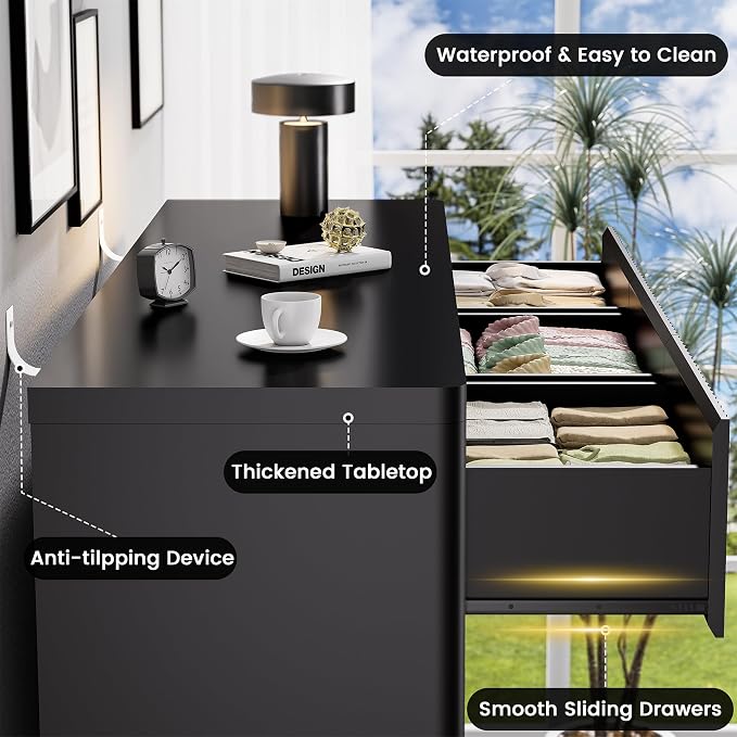 Black 9 Drawers Dressers for Bedroom, Curved Profile, Modern Flute Dresser TV - Image 8