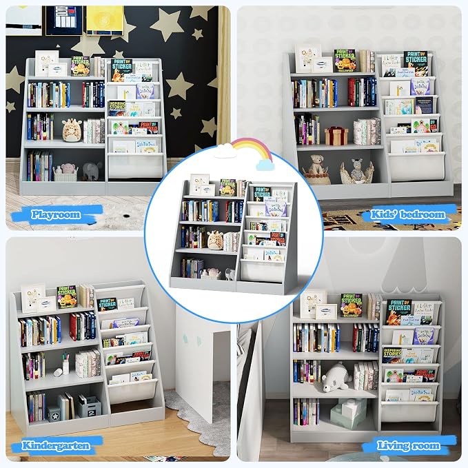 Gray 4 Tier Kids Wooden Bookshelf, Five Layer Sling Toddler Front Facing - Image 5