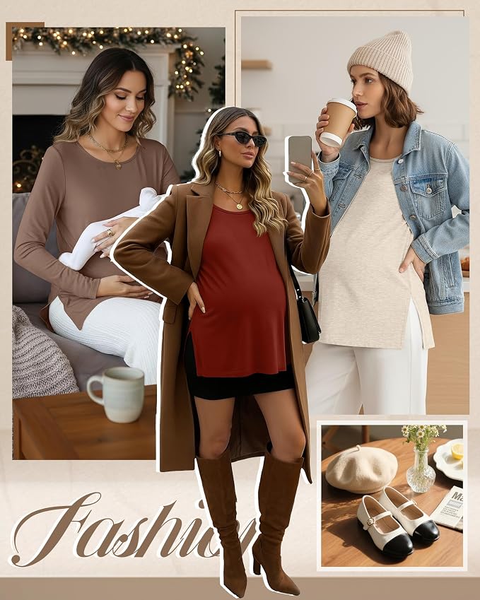 Riyiper 3 Pack Women's Maternity Long Sleeve T-Shirts Round Neck Side Split - Image 2
