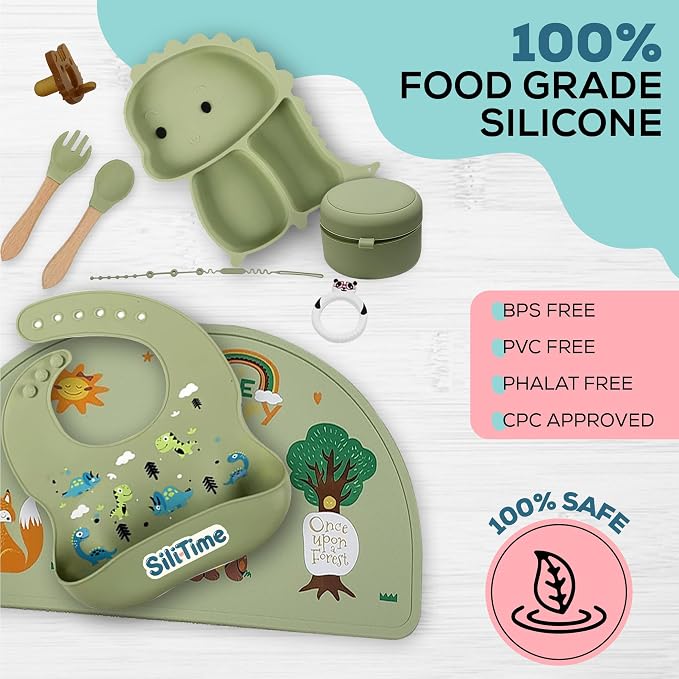 SiliTime Dinosaur-Themed Silicone Baby Feeding Set – Suction Mat - Image 4