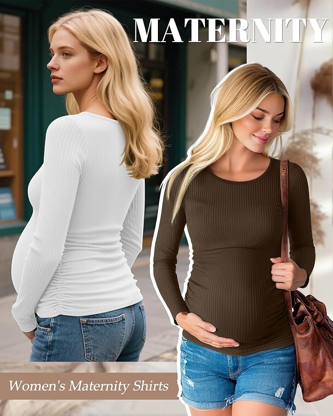 Huukeay 4 Pack Women's Maternity Shirts, Long Sleeve Cotton Ribbed Pregnancy - Image 2