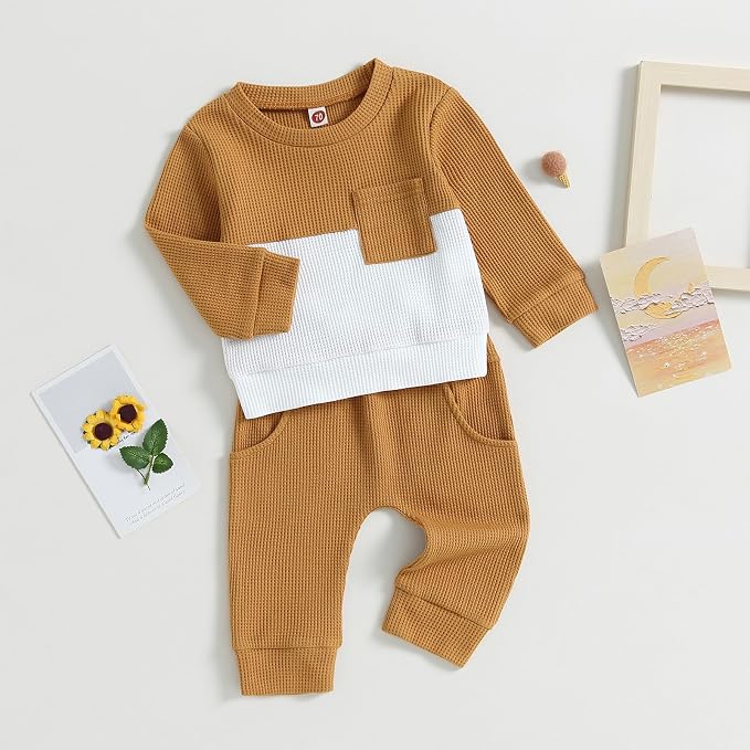 Toddler Baby Boy Fall Clothes Waffle Contrast Color Sweatshirt Pants Sets - Image 3