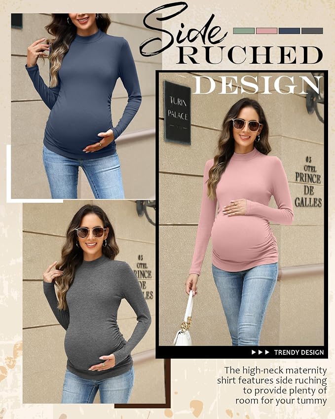 4 Packs Womens Maternity Shirts Long Sleeve Cotton Ribbed Pregnancy Mock Neck - Image 5
