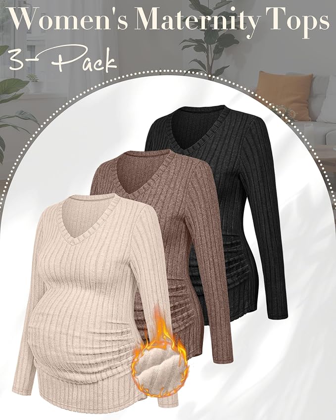 Ficerd 3 Pack Women's Maternity Shirts Ribbed Long Sleeve Pregnancy Tops V Neck - Image 3