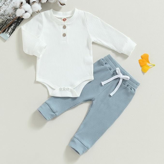 Newborn Baby Boy Girl Clothes Ribbed Knitted Long Sleeve Romper Pants Solid - Image 2