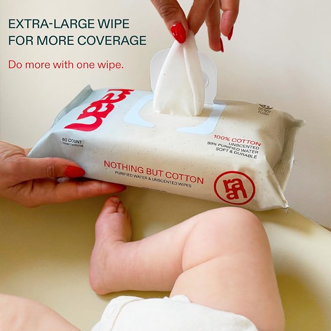 Raan, 100% Cotton Baby & Toddler Wipes, Unbleached, 99% Purified Water - Image 3