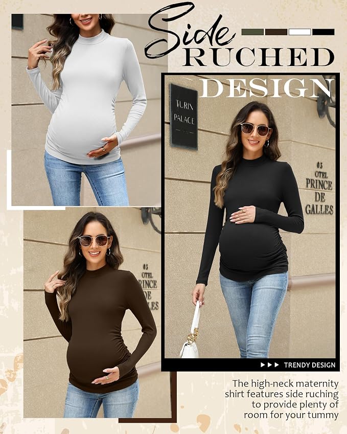 4 Packs Womens Maternity Shirts Long Sleeve Cotton Ribbed Pregnancy Mock Neck - Image 5