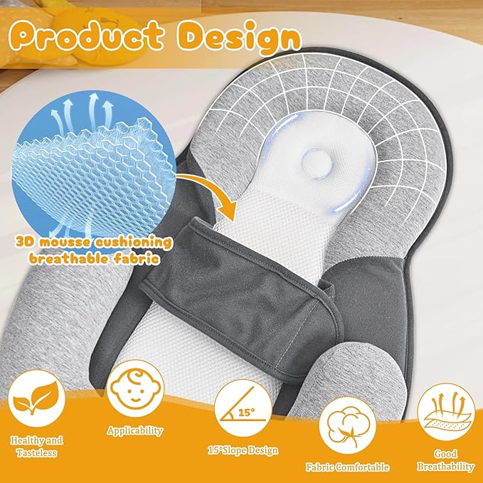 Baby Lounger Pillow with Safety Straps Ergonomic Support Cushion Reflux - Image 5