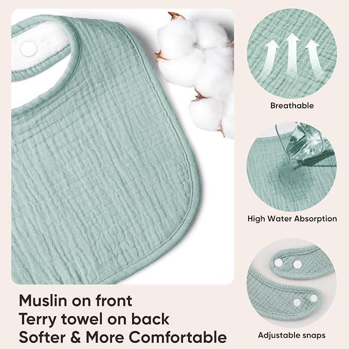 Bearmoss Muslin Baby Drooling Bibs 8 Pack, 100% Cotton Square Adjustable - Image 2