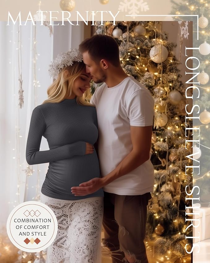 4 Packs Womens Maternity Shirts Long Sleeve Cotton Ribbed Pregnancy Mock Neck - Image 4