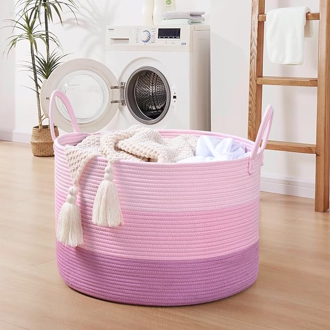 67L Rainbow Storage Basket for Organizing, Cotton Rope Woven Blanket Basket - Image 5