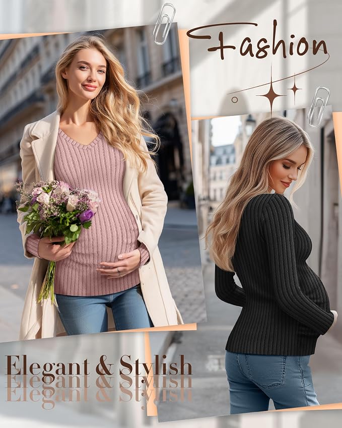 Ficerd 3 Pack Women's Maternity Shirts Ribbed Long Sleeve Pregnancy Tops V Neck - Image 2