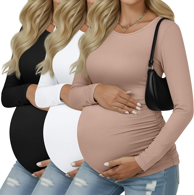 Ficerd 3 Pack Women's Maternity Shirts, Long Sleeve Side Ruched Pregnancy Tee by Ficerd