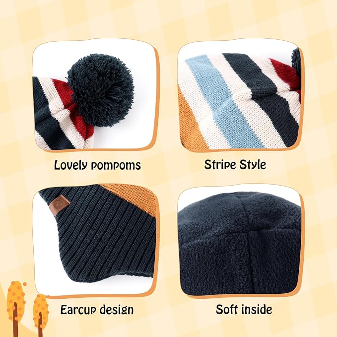 Duoyeree Kids Beanie Hat for Boys Girls Pom-pom Kint Hats Cozy Lining Winter - Image 4