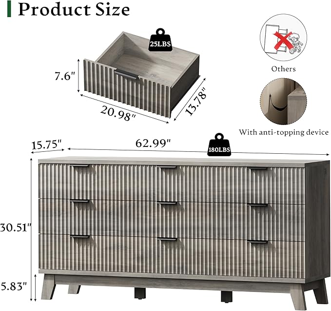 Fluted Dresser with 9 Drawers, Wooden Dresser TV Stand, Modern Closet Clothes - Image 2