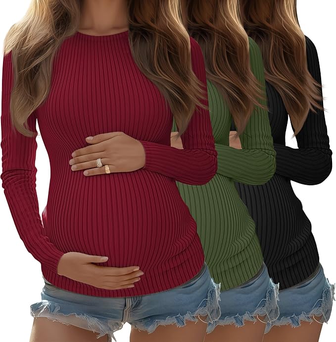 Riyiper 3 Pack Women's Maternity Shirts Long Sleeve Ribbed Knit Pregnancy Tees by Riyiper