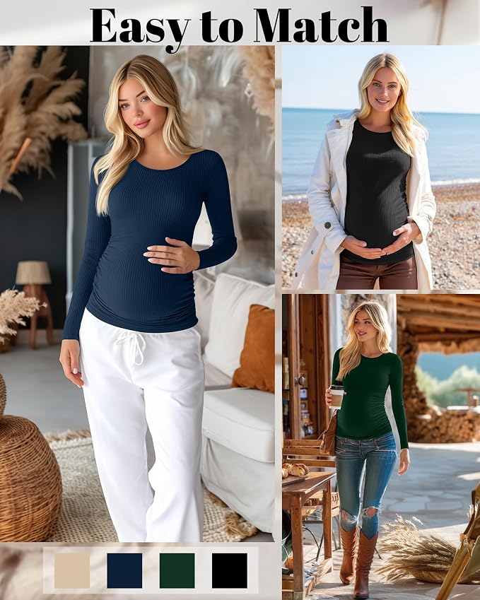 Huukeay 4 Pack Women's Maternity Shirts, Long Sleeve Cotton Ribbed Pregnancy - Image 4